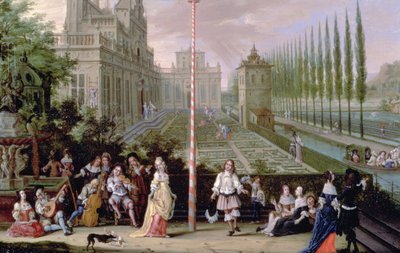 Dettaglio di figure eleganti che suonano strumenti musicali intorno a un albero di maggio (olio su rame) (dettaglio) da Peeter Gijsels